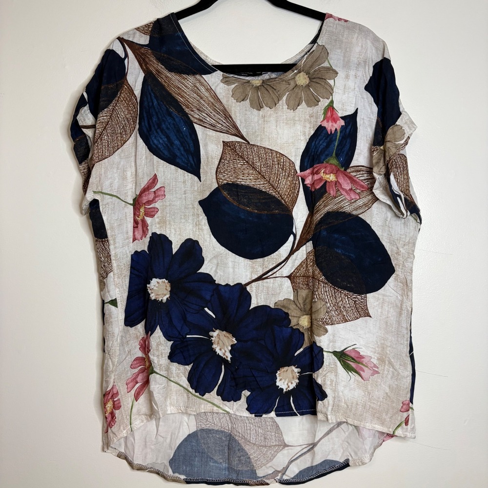 Piazza‎ Italia Woman Floral Viscose Blouse Navy Pink High Low Top S/M